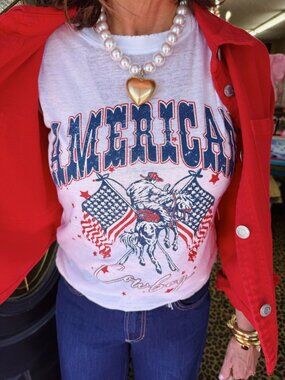 NWOT Refined Canvas American Cowboy Graphic Tee - White with Red & Blue Print